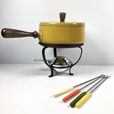 Vtg Mid Century Modern Yellow Fondue Pot Set Chafing Burner Teak Handle Japan picture