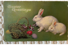 Easter Greetings Postcard White Bunnys Rabbits Basket Colored Eggs picture