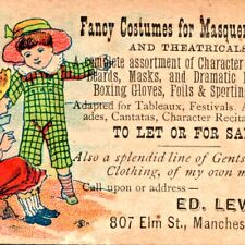 c1880s Manchester, NH Fancy Costumes for Masquerade Ball Trade Card Ed Leveen C4 picture