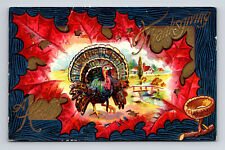 Tuck's Colorful Leaf Border Turkey Hearty Thanksgiving Farm Norwich NY Postcard picture