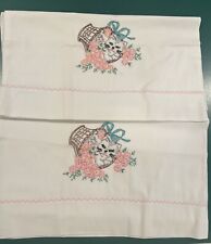 Vintage Handmade Embroidered Pair of Standard Pillowcases Of Kitties picture