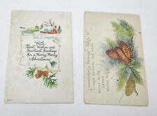 2 Antique Posted Christmas Greeting Postcards 1918 Bergman  Pine Cones picture
