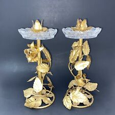 Italian Tole Handcrafted Ornate Gold Roses Candle Holders With Italy Tag picture