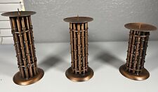 Set Of 3 Vintage Vtg Pillar Candle Holders Bronze Tone Metal Bamboo picture
