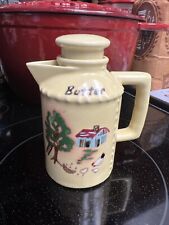 Vintage Kitchen BUTTER Jug Container Pottery with Farm House Scene Yellow 4” picture