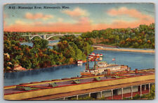 Vintage Postcard MN Minneapolis Mississippi River Boats Linen ~7169 picture