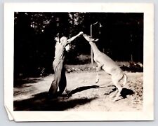 c1950s Man Hand Feeding Deer on Dirt Road~Original Vintage B&W MCM Photo picture
