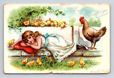 TUCK's Easter Series 111 Pretty Lady Chicks & Rooster Postcard picture