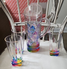 Outdoor Beverage Pitcher & Tumbler Glasses 8 Pc Set PreOwned Rainbow Colors READ picture