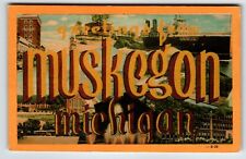 Greetings From Muskrgon Michigan Large Big Letter Postcard Linen Dexter 1948 picture