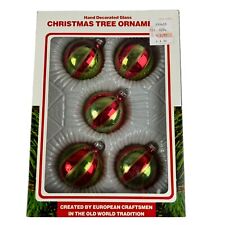 5 Vintage Commodore Ornaments Christmas Tree Glass Stripe Red Green Romania picture