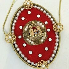 Vintage Christmas Ornament Nativity Diorama Red Velvet Pearl Gold Ribbon 3.5