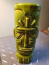 Vintage Tiki God Mug Green Ceramic Straight Lips Signed SK 7