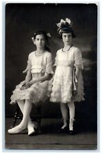 c1910's Two Girls Studio Portrait Ruffled Dress RPPC Photo Antique Postcard picture