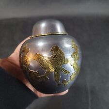 Vintage Chinese Pewter Ginger Jar with Brass Overlay Two Birds on a branch picture