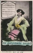 1908 VINTAGE REAL PHOTO Birthday Wish Beautiful Sad Lady POSTCARD Stones Corner picture