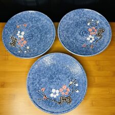 3 Vintage Japanese Mid Century Crane Eating Berries Plates Textured Glaze 9“ MCM picture