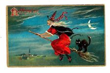 1909 Tuck's #150 Holloween Postcard Witch & Black Cat On Broom Embossed picture