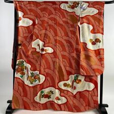 65.7inc Japanese Kimono SILK FURISODE Chrysanthemum Peony Orange picture