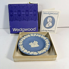 Vintage Wedgwood Blue Jasperware Round Trinket Ring Dish & Box and Paper picture