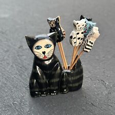 Vintage Wooden Folk Art Black Cat Tooth Pick Holder - 6 Cat Toothpicks Figurine picture