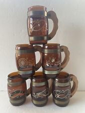 Vintage Siesta Ware Mugs Amber Glass Barrel Western Cowboy Theme Set of 6 1960's picture