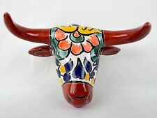 Talavera Mexican Pottery Hand Painted Long Horn Cow Skull Wall Hanging 5