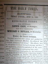 1848 election newspaper with AD for LEWIS CASS  Democrat for President of the US picture