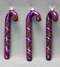 Vintage Rauch Purple Mercury Glass Flocked Candy Cane Christmas Ornaments Set 3 picture