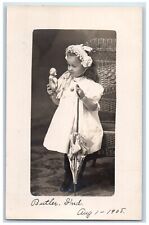 1908 Cute Young Girl Dress Doll Umbrella Butler IN RPPC Unposted Photo Postcard picture