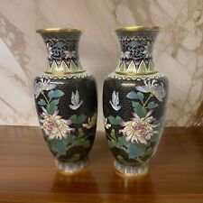 Pair of 12” Vintage Cloisonné Blossom Floral Vases - Chinese Asian Art picture