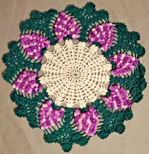 Vintage Crochet Cream Purple Green Doily Grapes 13.75
