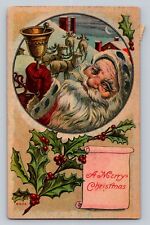 c1910 Santa Claus Rings Bell Reindeer SleighRoof Chimney Merry Christmas P589 picture