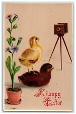 c1910's Easter Chicks Camera Flowers Pot Gel Posted Antique Postcard picture