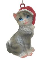 Gray Silver Tabby Cat Christmas Xmas Ornament Cute Resin New Red Santa Hat picture