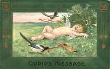 Valentine Fantasy Art Nouveau Reclining Cupid with Doves c1910 Vintage Postcard picture