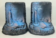 Vintage DECORATIVE CHALKWARE BOOKENDS By Victor 1964 | Blue & Black Candle picture