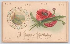 Birthday~Mountain Scene In Circle~Red Poppy~Gold~Emb~J Baumann~Vintage Postcard picture
