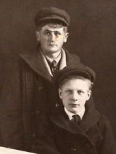 Antique RPPC Real Photo Postcard Boys Brothers Overcoat Newsies Cap Hat Studio picture
