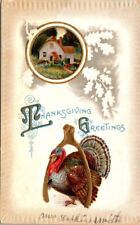 vintage postcard- THANKSGIVING GREETINGS turkey and wishbone embossed picture