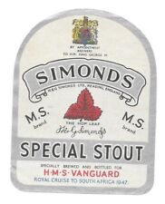 OLD BREWERY  LABEL / S - SIMONDS H.M.S. VANGUARD S. STOUT   - 100mm TALL -  1947 picture