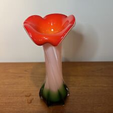 Vintage Murano TULIP Style Vase-Red White Green Blown Art Glass-8