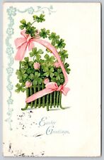 Easter Greetings 4 Leaf Clovers Antique Embellished Postcard PM Paterson Cancel picture