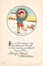 1916 Art Deco Christmas PC - Little Boy With Holly Wreath & Puppy in Snow-1611/1 picture