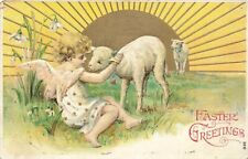 c1910 Old World Angel Sheep White Lilies Dawn Sunrise Gold Gilt Easter P310 picture