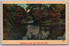 Greetings Savannah Missouri Waterfront Reflections Cancel 1946 Vintage Postcard picture