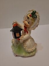 Vintage Napco Ceramic Christmas Girl w Lantern Figurine MCM Textured Coat Holly picture