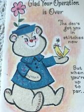Vintage Greeting Card Get well Glitter Bear zipper Scar Operation picture