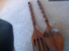 Vintage Large Carved Wooden Fork & Spoon Wall Decor 40” Wood Tiki Totem Hawaii picture