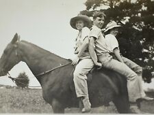 AxF) Found Photograph Girls Boy 3 People On Horse Backwards 1940's picture